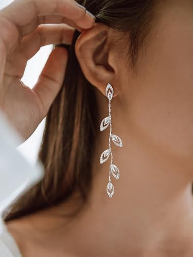 SWEETV Vine Wedding Earrings for Brides, Bridesmaid, Cubic Zirconia Bridal Earrings for Wedding, 18K Gold Plated/Silver Rhinestone Dangling Earrings for Women Prom Party Jewelry Gifts2