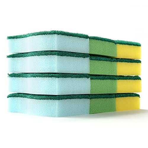BIKFUN Sponge Non-Scratch Scrub Sponges Heavy Duty Scrub Kitchen Cleaning Dishwashing Dual-Sided 12 Pack 4 Color Size:11 x 7 x 3cm, 4.3" x 2.8" x 1.2"