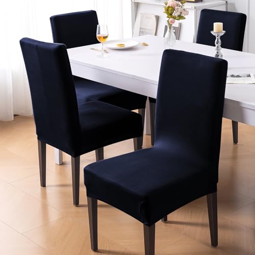 Image of HOKIPO 'SereneSolids' 140 GSM Stretchable Dining Chair Cover - Set of 2, Navy Blue (AR-6246-NBL)
