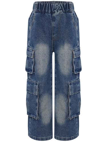 Hularka Kids Girls Wide Leg Cargo Jeans Elastic Waist Denim Pants Streetwear Casual Trousers with Flap Pockets3