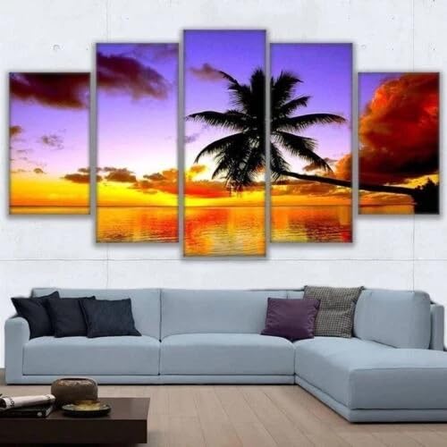 Tableaux decoration murale 5 pieces salon et chambre adulte paysage tropical contemporain