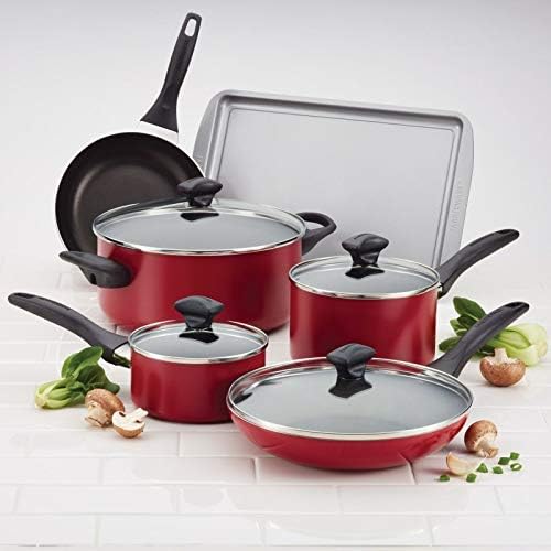 Pemberly Row Dishwasher Safe Nonstick 15 Piece Cookware Set in Red