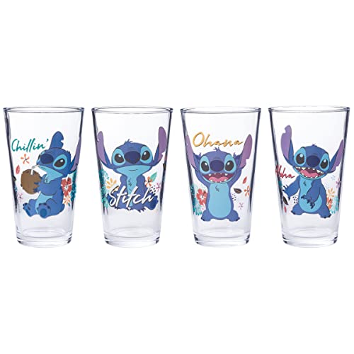 Image of Silver Buffalo Lilo and Stitch Tropical Chillin Ohana 4-Pack. Pint Glass Set, 16-Ounces