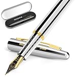 Nicpro Fountain Pen Set, Luxury Silver-Gold Fancy Pen, 0.7mm Medium Nib with Ink Refill Converter, Metal Pen Case Smooth Writing Calligraphy Refillable Pen for Men Women Professional, Office, Business