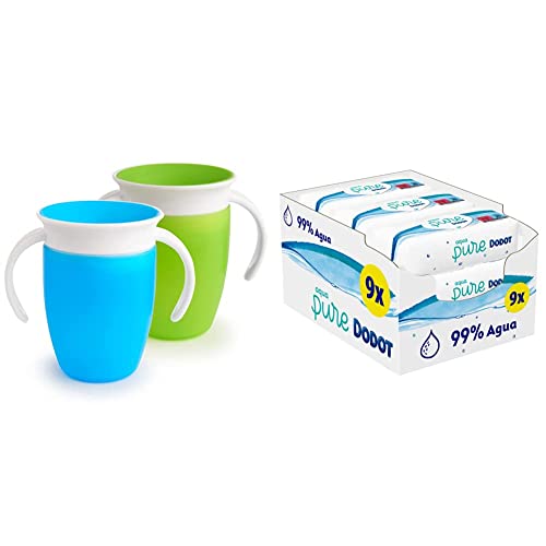 Munchkin Miracle 360 vaso aprendizaje bebe antiderrames, Azul/Verde, 207 ml, pack de 2 & Dodot Toallitas Aqua Pure para Bebé, 99% Agua, 432 Unidades, ( Paquete de 9 x48)