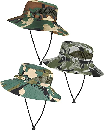 3 Pcs Boys Camo Sun Hat Kids Safari Fishing Hats Kids Bucket Hat Uv Sun Protection Packable Bucket Hat With Chin Strap For 7-14 Years Old Toddler Boys Girls Camping Picnic Travel Beach Summer Outdoor #TOP15