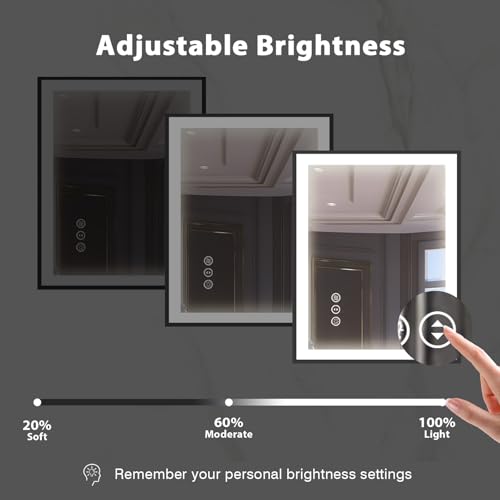 24x32 LED Bathroom Mirror, Black Aluminum Framed, Backlit + Front-Lit, 3 Colors Temperature Changeable, Dimmable Vanity Mirror, Tempered Glass, Defog, Waterproof, Memory (Horizontal/Vertical)