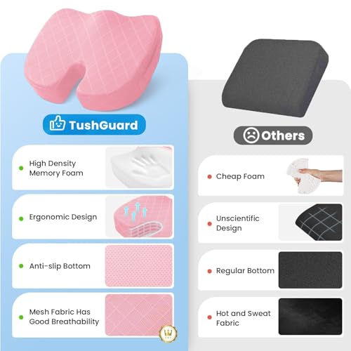 Image of TushGuard Office /Car Seat Cushion, Non-Slip Sciatica & Back Coccyx Tailbone Pain Relief Chair Pad, Memory Foam Butt Pillow for Computer Desk, Wheelchair, Driving (Pink, XX-Large)