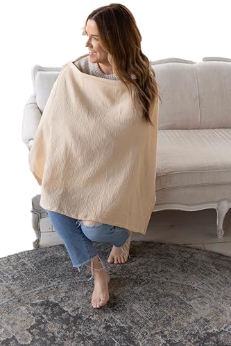 Image of ACTIVE BABY Muslin Nursing Cover for Breastfeeding mom with Adjustable Hoop for Hand Free Breathable Nursing Cover up |100% Muslin Cotton Light Weight Breastfeeding Cover wrap Shawl Scarf (Beige)