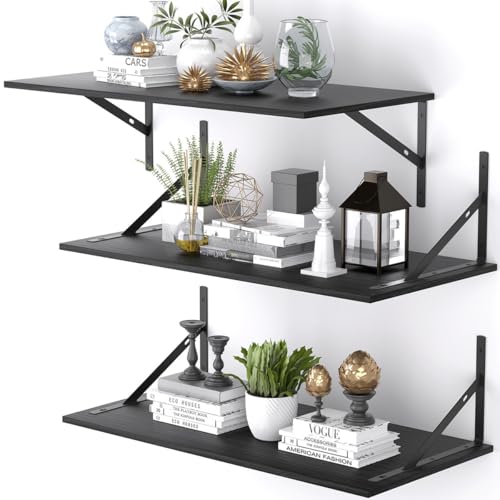 Zuiguoshan Deep Floating Shelves for Wall Set of 3, 24W x 12 Inch Deep Black Floating Shelves, Wide Floating Wall Mounted Shelves for Living Room, Kitchen, Office, Bedroom, Bathroom, Laundry Room