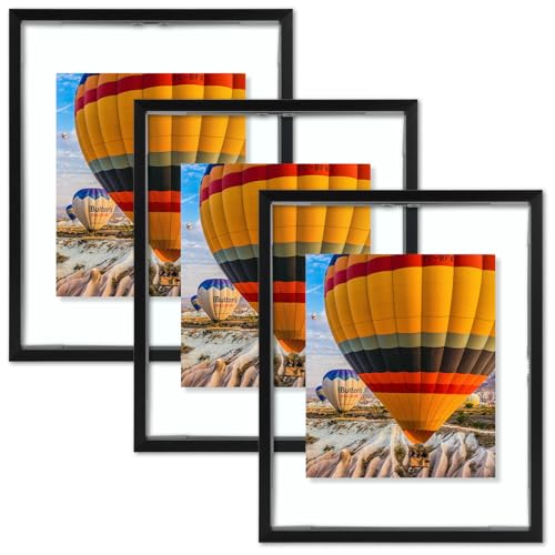 Golden State Art, 8x10 Floating Picture Frame Aluminum, Tempered Clear Glass Displays Any Size Photo Up to 8 x 10, for Home or Gallery Decoration (Black, 3 Pack)