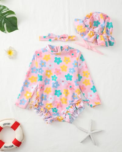 Image of Renotemy Baby Girls Swimsuit Drawstring Zip Bathing Suit Long Sleeve One-Piece Rash Guard Swimwear with Hat for Infant Girl