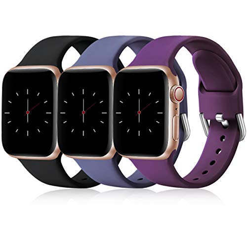 Wepro Pack 3 Straps Compatible with Apple Watch Strap 42mm 44mm 45mm 49mm Women Men, Soft Silicone Strap for iWatch Series 9 8 7 6 5 4 3 2 1 SE Ultra, Small, Black/Blue Grey/Plum