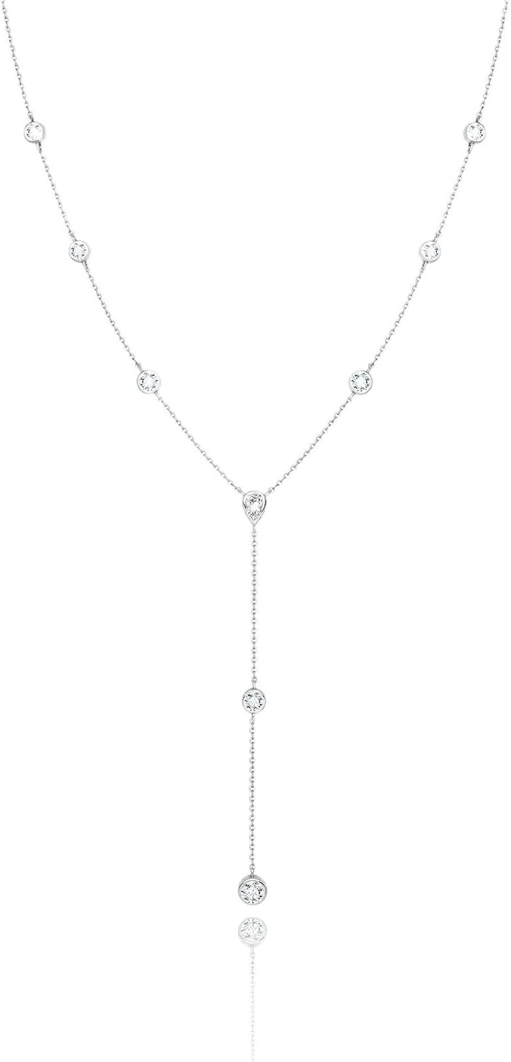 LANE WOODS Moissanite Lariat Necklace for Women, 925 Sterling Silver Y Necklace with Teardrop Pendant, Dainty Gold Plated Drop Necklace 16+2 Inch Adjustable Chain, Bridal Wedding Prom Jewelry