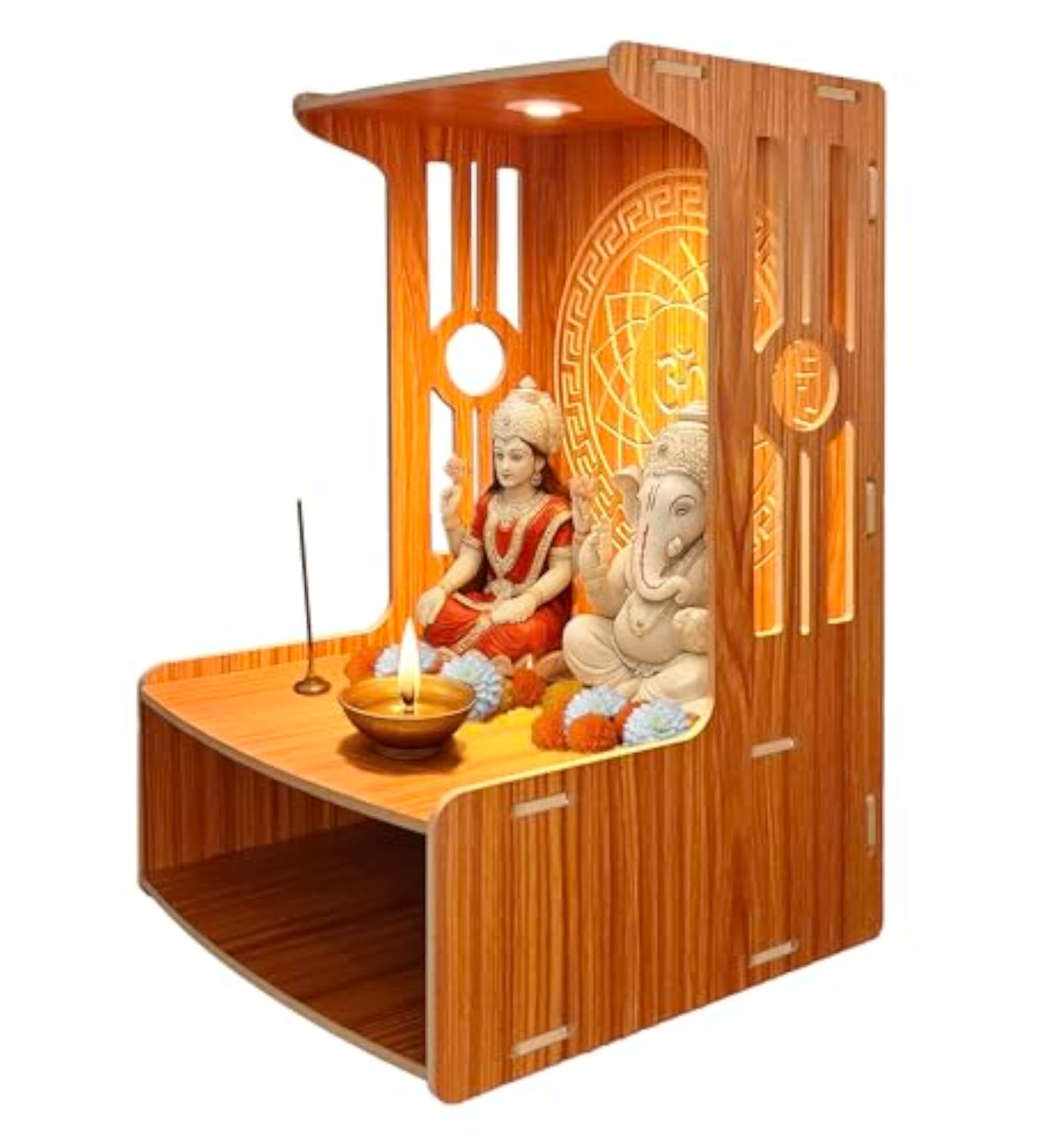 Wooden Puja Mandir with LED Light for Home