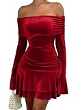 LAGSHIAN Women's Sexy Velvet Off Shoulder Long Sleeve Ruffle Hem Bodycon Ruched Cocktail Party Mini Dress Red