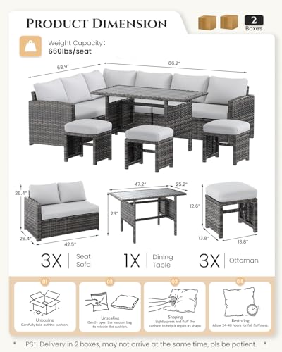 Image of U-MAX 7 Pieces Patio Furniture Set, Outdoor Sectional Sofa Conversation Set, All Weather Wicker Rattan Dining Table & Chair with Ottoman, Grey Rattan&Light Grey Cushion