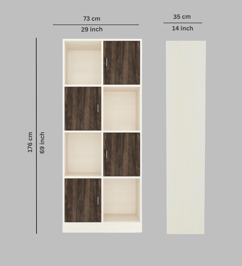 Image of SPECIALITY PANELS 8 Cube Bookshelf with 4 Open Shelves and 4 Closed Shutters, 73x35x176 cm, Carpenter Assembly Provided