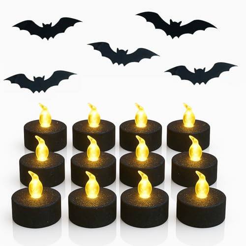 Image of 12PCS Black Tea Lights with Timer,Glitter Sparkly Tealights Candles Warm White Flickering Battery Operated for Gothic Wedding, Valentine's Day Home Decorations