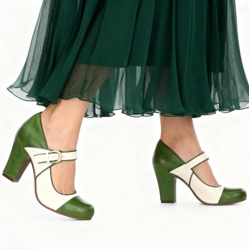 Image of SHODENSE Women Vintage Chunky High Heel Mary Jane Shoes Round Closed Toe Ankle Strap Dress Sandals 3 inch Block Heels Mary Jane Lolita Pumps Two-Toned Patchwork Buckle Office Lady Wedding Retro 4-11 M US