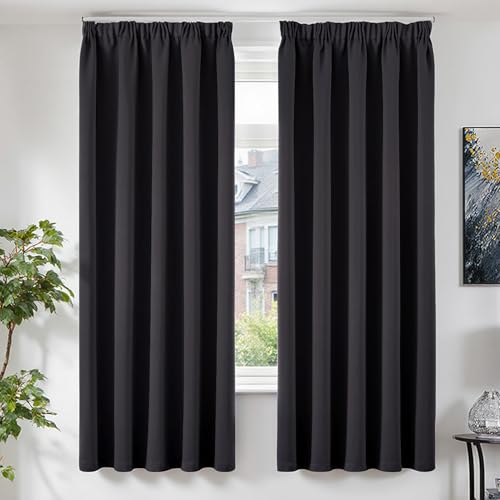 TOPICK Blackout Curtains 72 Drop Inch 2 Panels for Bedroom, Thermal Insulated Pencil Pleat Curtains for Living Room, Black out Window Treatment for Kids Room, W46 x L72 Inch, Black