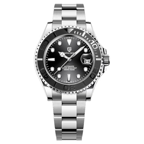 Pagani Design 1651 Herrenuhr Automatik NH35 Mechanische Uhr Edelstahl Saphirglas Drehbare Lünette 100m Wasserdicht Leuchtende Herren Business Automatikuhr (Stahlstreifen Silber Schwarz-3)