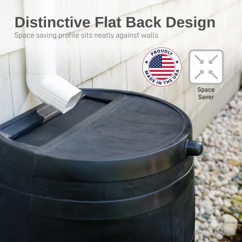Image of RTS Home Accents 50-Gallon ECO Rain Barrel Made with 100% Recycled Plastic, Flat Back Rain Water Collection Barrel, Stand and Link Kit Included, Black (2 Pack)