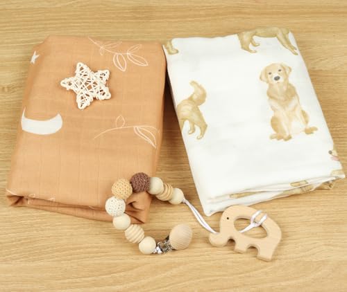 Image of Muslin Swaddle Blankets Neutral, Baby Swaddling Wrap Nursery Blanket Unisex, Soft 70% Viscose from Bamboo and 30% Cotton, Large 47 x 47 inches, Labrador &Orange Boho Moon Swaddle Blanket