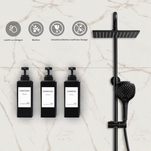 Anhow 3er PETG Seifenspender Wandbefestigung, 500ml Seifenspender Set Wand Ohne Bohren Kunststoff Spülmittelspender mit 16pcs Wasserdichten Etiketten für Küche/Badezimmer - Schwarz