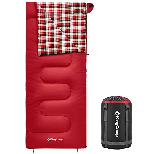 Kingcamp Cotton Flannel Sleeping Bags 3 Season Warm & Cold Weather Rectangular With Compression Sack Portable Backpacking Sleeping Bag For Outdoor Camping, Hiking, Traveling Red Left Zipper #TOP11