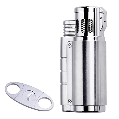 Torch Lighter, Cigar Lighter, Cigar Cutter and Lighter Set - Triple Jet Flame Butane Cigarette Torch Lighter with Cigar Punch Cutter