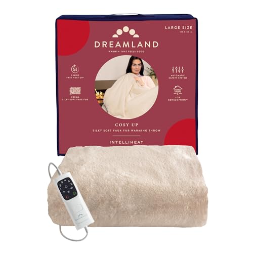 Dreamland Cosy Up Silky Soft Faux Fur Warming Throw/Electric Blanket with 6 Heat Settings (Intelliheat technology 160 x 120 cm Machine washable Detachable control 1/3/9-hour auto timer) Cream