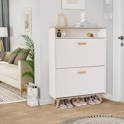 Shoe Storage Cabinet with 2 Flip Drawers, Shoe Cabinet Storage for Entryway, Narrow Shoe Rack with Legs, Freestanding Shoes Organizer with Adjustable
