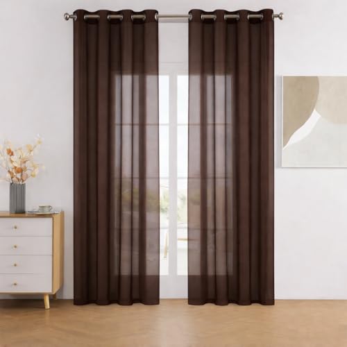Image of 7 Feet Door Curtains Set of 2 - Semi Transparent Sheer Curtains for Living Room & Bedroom | Polyester Eyelet Curtain Panels | Modern Door & Window Curtain (Coffee)