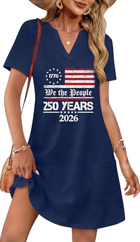 Image of Ithalt 4th of July Dresses for Women Patriotic Dress Red White and Blue Outfits American Flag V Neck Sundress with Pockets