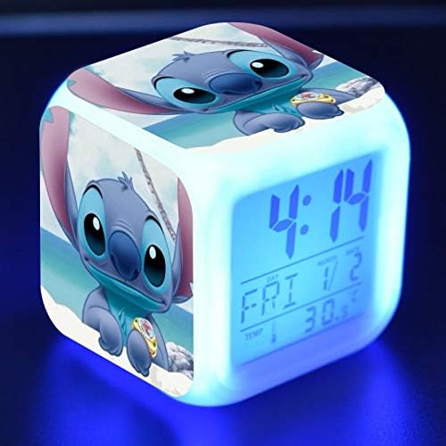 3 inch Small Size Mini LED Anime Digital Alarm Clock 7 Colorful Light Bedroom Decorations with Temperature,Date,Stitch Room Decor for Girl