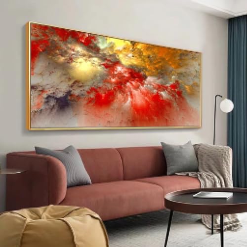 Peinture murale abstraite salon nuage rouge et or encadrée 40x80cm