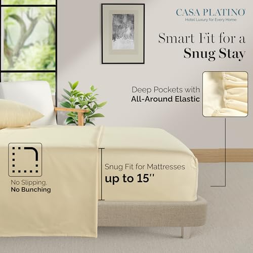 Casa Platino 100% Egyptian Cotton Sheets Twin Size Set - 4 Pcs (1 Flat, 1 Fitted, 2 Pillowcases)- Ultra Smooth Sateen Weave Bed Sheets Set with 15" Deep Pockets - Ivory