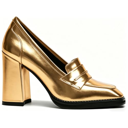 Image of FOWT Dressy High Block Heels Loafers for Women Classical Square Toe Pumps Comfortable Slip On Walking Shoes School Uniform Goth Oxfords US Size 4-16 M