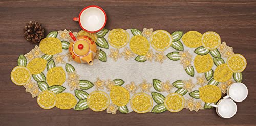Handcrafted Beaded Table Runner 13X36, Beaded Table Runner, Decorative Table Runner, Farmhouse Table Runner In Beads, Rustic Table Runner, Circles Beaded Table Runner - 13X36 - Lemon Yellow #TOP4