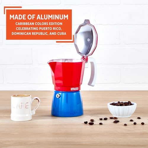 IMUSA Stovetop Espresso Maker 6 Cup – Cast Aluminum Moka Pot Caribbean Colors Edition Red Blue White – Cafetera Italiana Espresso Cuban Coffee Maker