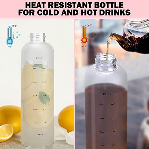 Rose Noire Glass Water Bottles With Times To Drink - Frosted 32 Oz, Reusable, Cute Aesthetic, Eco Friendly Bpa Free, Leak Proof Water Bottle With Time Marker - Gifts For Women Or Mothers Day #TOP3