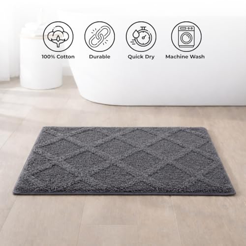 Image of Premium Combed Cotton Tufted Bathmat 50 x 80 cm, 1800 GSM Soft Absorbent Anti Skid Bathroom Floor Mat with Latex Backing, Quick Dry Non Slip Bath Rug for Shower & Daily Use, Diamond Grey