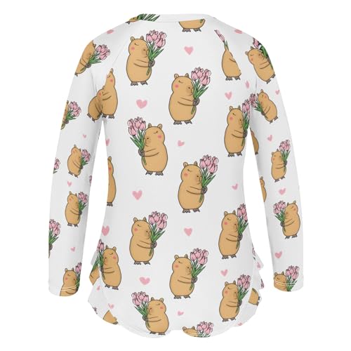 Capybara Tulip Heart Pattern Girls Long Sleeve Swimsuit Rash Guard One Piece Bathing Suits Zipper 3-12T3