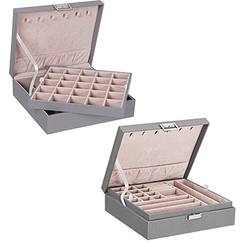 BEWISHOME Jewelry Box for Women Earring Organizer Box- 6 Necklace Hooks, 2 Layers - Jewelry Boxes Display Storage Case Jewelry Holder for Girls Grey
