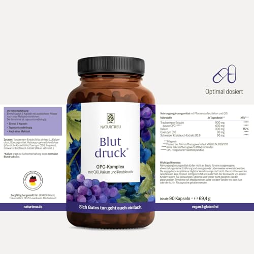 NATURTREU® Blutdruck - OPC Traubenkernextrakt hochdosiert 900mg Extrakt mit Q10, Kalium & schwarzem Knoblauch - Französische Trauben vegan - 90 Traubenkernextrakt OPC Kapseln hochdosiert.