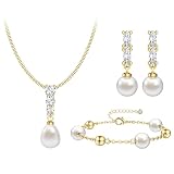 Sllaiss Pearl Jewellery Set — Gold with CZ Dangle Earrings, Necklace & Bracelet — product image