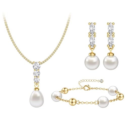 GEMQUEEN 14K Gold Plated Pearl Jewelry Set for Women -
