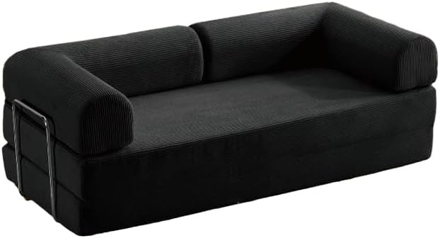 Compression Folding Sofa,Convertible Sleeper Sofa Bed,With Armrests And Backrest,Comfy Lounge For Living Room,Bedroom,Office,Apartment,Corduroy Fabric Stainless Steel Frame200cm,Black