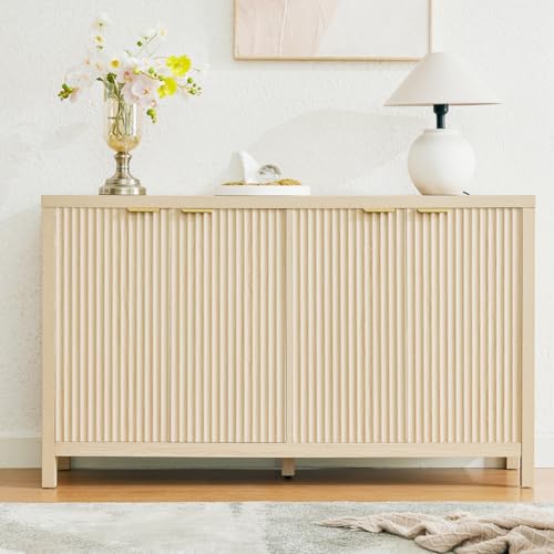 LINLUX Sideboard Buffet Cabinet with Storage, Fluted Storage Cabinet, Accent Cabinets with 4 Doors for Kitchen, Entryway, Dining Room, Living Room, Natural Oak - Thumbnail 3